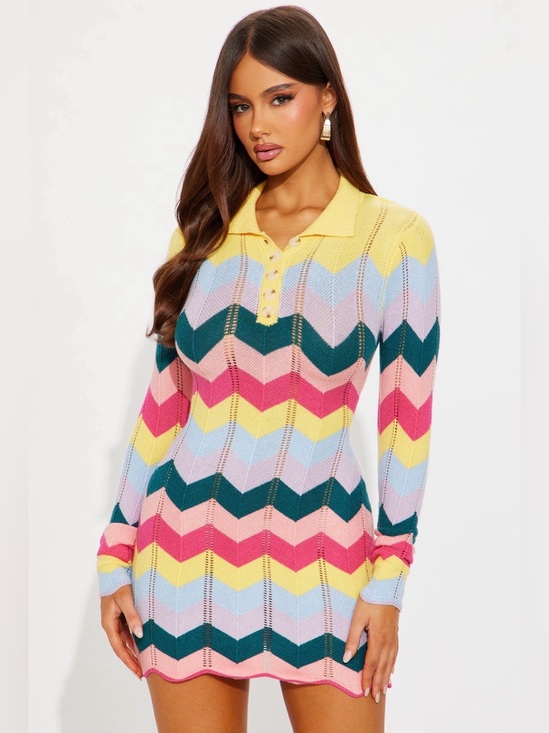 Fashion Nova Dresses & Skirts - Fashion Nova Chevron Knit Polo Mini Dress in Multi Pastels-Large NWT🩵🩷💜